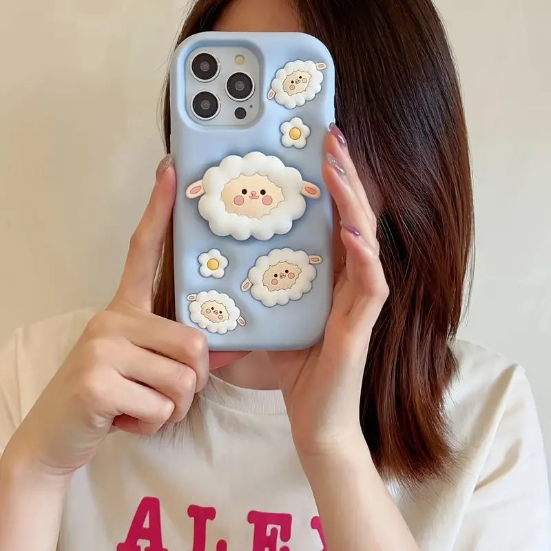 3D Cartoon Sheep Flock Case Funda Cotton Candy Cloud Pop Back Case with Holder